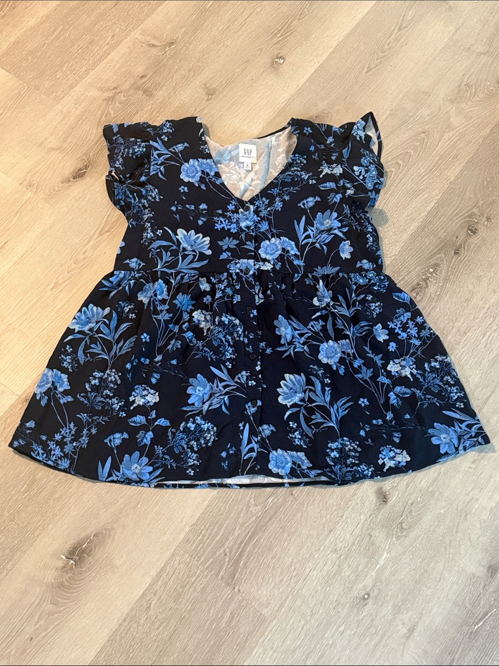 GAP Navy Maternity Top with Blue Floral Print and Ruffle Sleeves